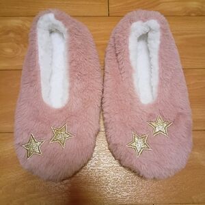Women's Pink Fuzzy Slippers with Gold Star Emblems